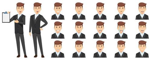 lindo empresario establece un avatar con diferentes expresiones faciales y emociones enojado llorar feliz infeliz triste emocionado alegre posando aislado vector