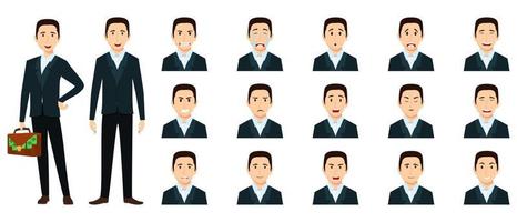 El empresario estableció un avatar con diferentes expresiones faciales y emociones enojado llorar feliz infeliz triste emocionado alegre aislado posando con bolsa vector