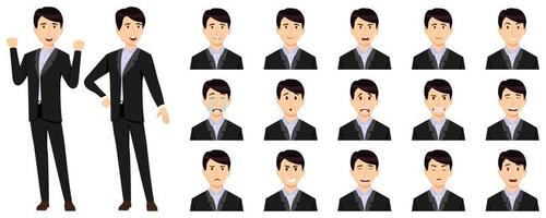 lindo empresario establece un avatar con diferentes expresiones faciales y emociones enojado llorar feliz infeliz triste emocionado alegre posando aislado vector