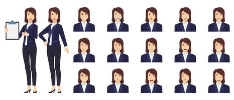 Conjunto de caracteres de empresaria y conjunto de avatar con diferentes expresiones faciales y emociones feliz infeliz triste enojado llorar aislado posando vector