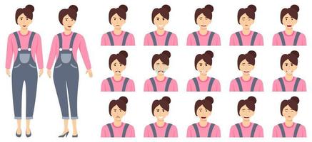 Linda empresaria establece un avatar con diferentes expresiones faciales y emociones enojado llorar feliz posando aislado vector