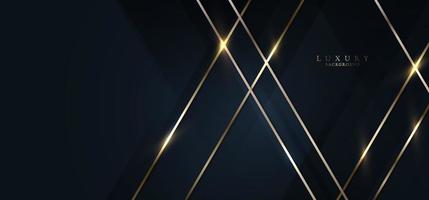 Elegante iluminación abstracta de líneas doradas en 3d con formas de triángulos azul oscuro superpuestos de fondo vector