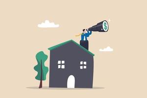 Oportunidad de inversión inmobiliaria y de vivienda, pronóstico o visión de crecimiento de la propiedad, hipoteca futura o concepto de beneficio de rentas, empresario inversor con telescopio subir a la chimenea de la casa para ver la visión. vector