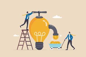 Idea to make money, earning or profit from business creativity, financial advise to gain more wealth or success rich investor concept, businessman open lightbulb idea faucet to earn money coins. vector