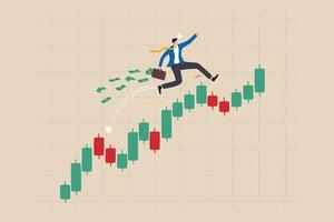 Success trader make profit with investment trading, stock market growth, get rich from Crypto trading concept, confidence businessman investor with money briefcase running on candlestick graph. vector