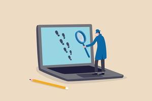 Website visitor tracking or digital footprint, analyze user behavior or track bounce rate concept, businessman detective using magnifying glass to track visitor footpath on laptop computer. vector