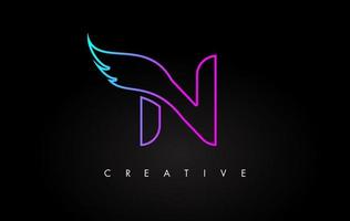 Diseño de icono de logotipo de letra n neón con ala creativa en colores azul violeta magenta vector