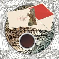 abstract flower background with stationery and cup of coffee on it vector