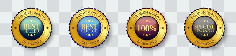 Realistic gold labels and badges, best seller, best choice, 100, special product. Set golden labels and badges of seal quality stock vector. Eps 10 vector illustration.