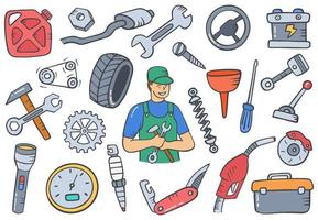 Trabajos de mecánico o técnico o carrera de trabajo profesión doodle conjunto de colecciones dibujadas a mano con estilo de contorno plano vector