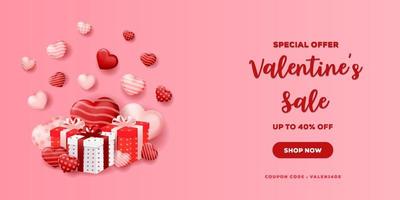 Promoción de cartel de banner de oferta especial de venta del día de San Valentín con cajas de regalo y corazones realistas en 3d vector