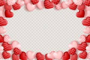 valentine background with many hearts transparent background. copy space area. vector illustration. red heart, white hearts, pink hearts