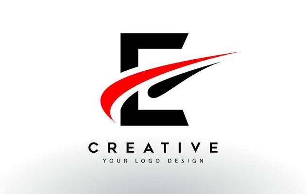 Black And Red Creative E Letter Logo Design with Swoosh Icon Vector.