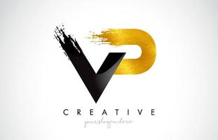 VP Letter Design with Black Golden Brush Stroke and Modern Look. vector