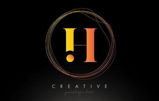 Gold Artistic H Letter Logo Design With Creative Circular Wire Frame around it vector