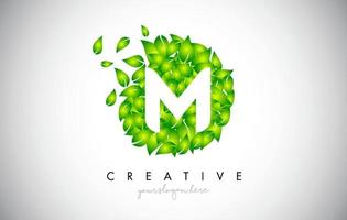 M Green Leaf Logo Design Eco Logo With Multiple Leafs Blowing in the Wind Icon Vector. vector