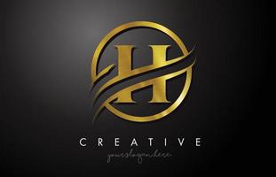 H Golden Letter Logo Design with Circle Swoosh and Gold Metal Texture vector