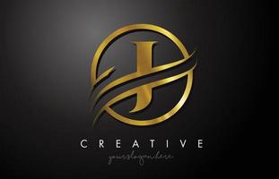 J Golden Letter Logo Design with Circle Swoosh and Gold Metal Texture vector