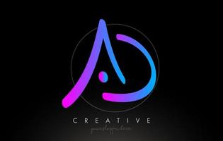 AD Artistic Brush Letter Logo Handwritten in Purple Blue Colors Vector