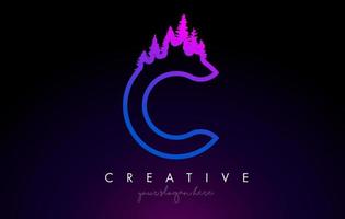 Creative C Letter Logo Idea With Pine Forest Trees. Letter C Design With Pine Tree on Top vector