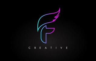 Neon F Letter Logo Icon Design with Creative Wing in Blue Purple Magenta Colors vector