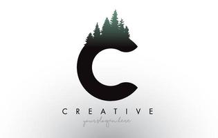 Creative C Letter Logo Idea With Pine Forest Trees. Letter C Design With Pine Tree on Top vector