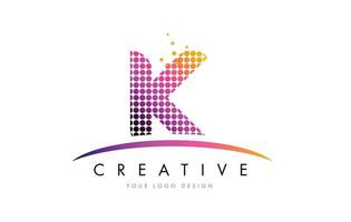 K Letter Logo Design with Magenta Dots and Swoosh vector