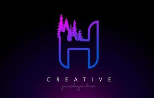 Creative H Letter Logo Idea With Pine Forest Trees. Letter H Design With Pine Tree on Top vector
