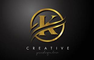 K Golden Letter Logo Design with Circle Swoosh and Gold Metal Texture vector