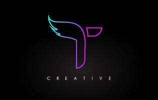 Neon T Letter Logo Icon Design with Creative Wing in Blue Purple Magenta Colors vector