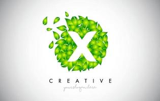 X Green Leaf Logo Design Eco Logo With Multiple Leafs Blowing in the Wind Icon Vector. vector