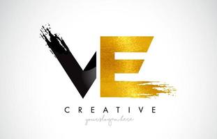 VE Letter Design with Black Golden Brush Stroke and Modern Look. vector