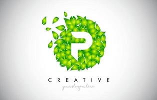 P Green Leaf Logo Design Eco Logo With Multiple Leafs Blowing in the Wind Icon Vector. vector