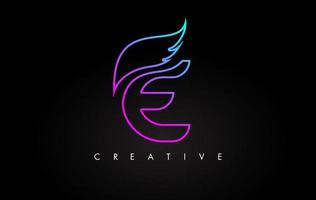 Neon E Letter Logo Icon Design with Creative Wing in Blue Purple Magenta Colors vector