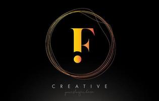Diseño de logotipo de letra f artística dorada con un marco de alambre circular creativo a su alrededor vector