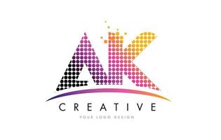 AK A K Letter Logo Design with Magenta Dots and Swoosh vector