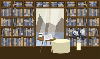 Big library at home or in bookstore with big window and mountains view. Open book with coffee on a table. Place for reading on a pouf near plant monstera. A lot of bookshelves with literature. vector