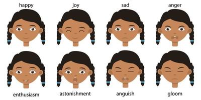 Retratos de niñas indias conjunto de diferentes expresiones de emociones felices y tristes en la cara de un niño. linda colección mujercita con ojos marrones vector