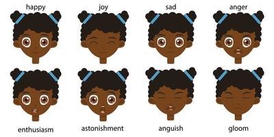 Colección de retratos de niña negra de diferentes emociones felices y tristes en la cara de un niño. linda bebé con ojos marrones pegatinas vector