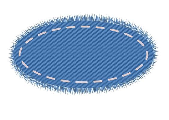 Oval denim shape in light blue color. Embroidery on a texlite tag. Geometric jeans sale label design.