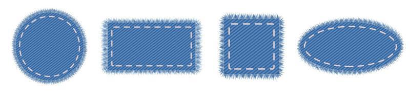 Set of geometric denim shapes on canvas for label design. Sale tag elements in light blue with embroidery.