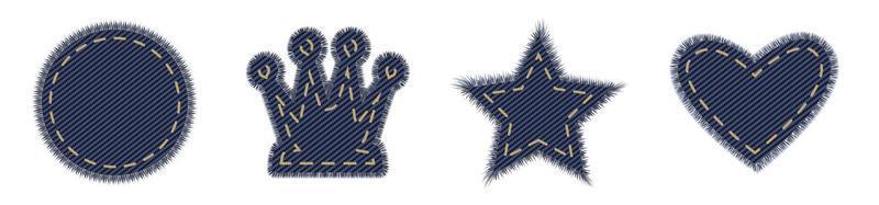 Denim crown and star in set. Geometric shape textile element for sale tag or label design. vector