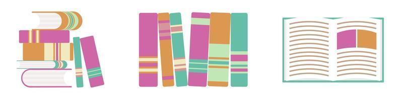 pila de libros en colores brillantes. elemnts de lectura de color rosa, naranja y verde en un conjunto de gráficos académicos. iconos planos con diccionario, diario en una biblioteca. vector