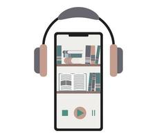 Listen audio books and business literature with headphone and mobile. Earphones for entertainment or broadcast - just click play button to turn on sound. vector