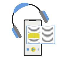 escuchar audiolibros con concepto de auriculares. biblioteca en línea en su teléfono con librería para educación y pasatiempos. tecnología de estudio inteligente en el dispositivo. vector