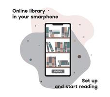 configure una biblioteca en línea en su teléfono inteligente y comience a leer. banner de librería para estudiar en línea. educación inteligente o pasatiempo en tu móvil. vector