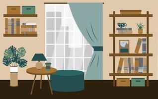 Brown home interior with bookshelves, table and bright pouf. Place for reading or studying in bookstore near monstera, dictionary and university literature. Storage, picture of mountains  and coffee vector