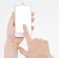 female hand hold mobile phone isolated on white, woman holding phone with empty display,blank screen,touching photo