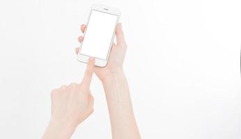 female hand hold mobile phone isolated on white, woman holding phone with empty display,blank screen,touching photo