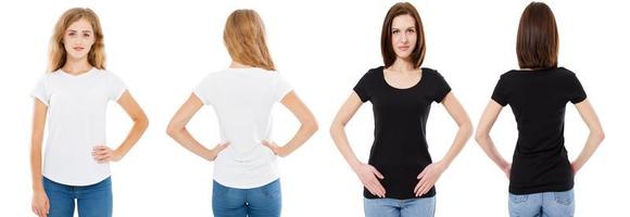 T-shirt set. Front and back view Brunette and Blonde in white and black t shirt isolated. Two girl in blank shirt, Mock up, Collage, Copy space, Template photo